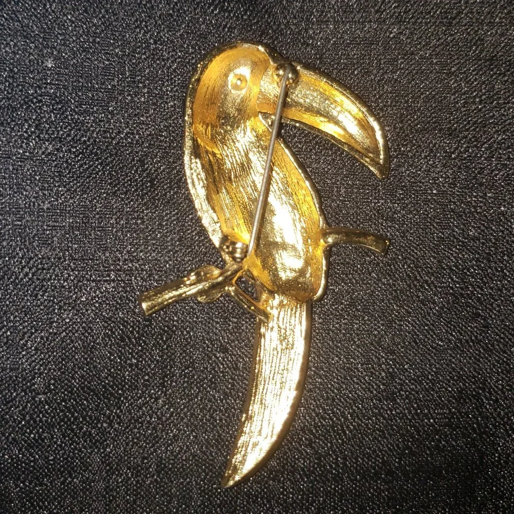 Large Enameled Rhinestone Crystal  Toucan Brooch - Picture 5 of 8